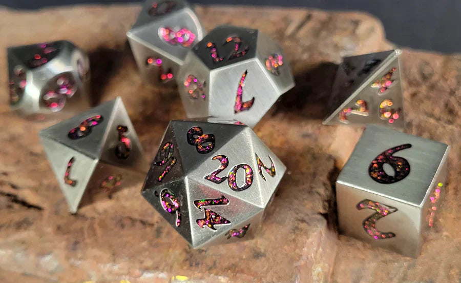 Antique Silver with Red Mica 7-Piece Metal Dice Set