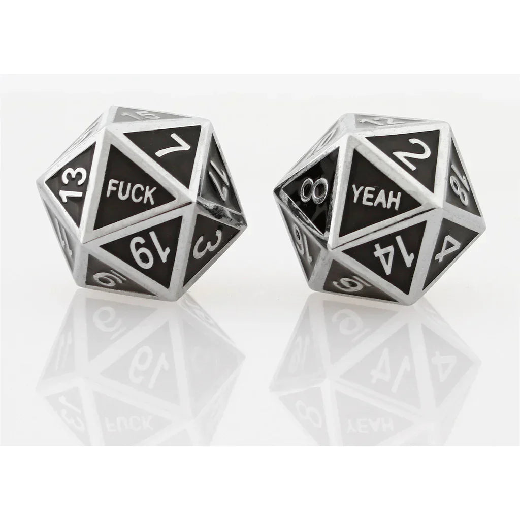 Fuck Yeah Set of 2 D20 Metal Dice - Guardian Silver Black