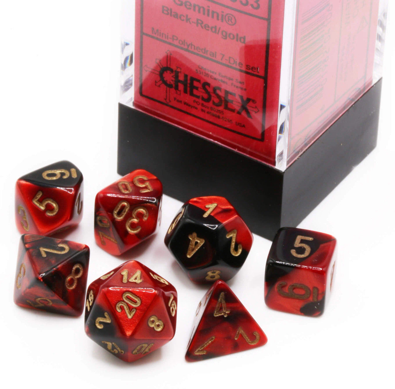 Chessex Mini Gemini Polyhedral 7ct Dice Set - Black-Red w/ Gold