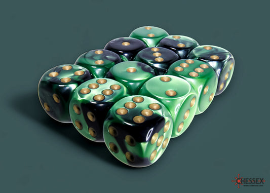 Chessex Gemini Black-Green w/ Gold 16mm d6 Dice Set