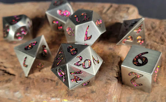 Antique Silver with Red Mica 7-Piece Metal Dice Set