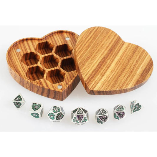 Forest Heart Wooden Dice Container w/ Metal Dice Set