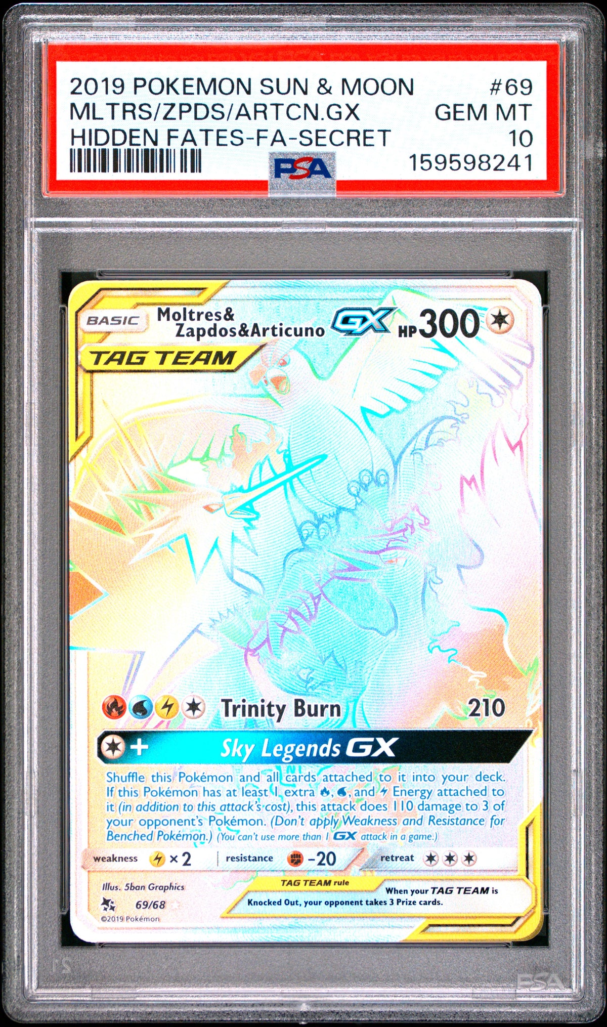 Moltres & Zapdos & Articuno Gx 69/68 Secret Hidden Fates Pokemon PSA 10