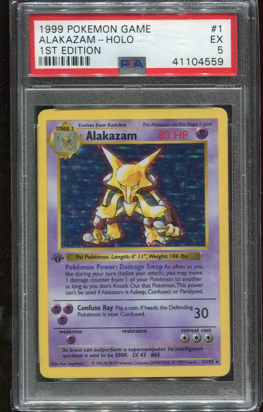 PSA 5 Alakazam 1/102 Base Set 1st Edition Shadowless Holo