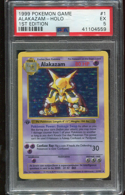 PSA 5 Alakazam 1/102 Base Set 1st Edition Shadowless Holo