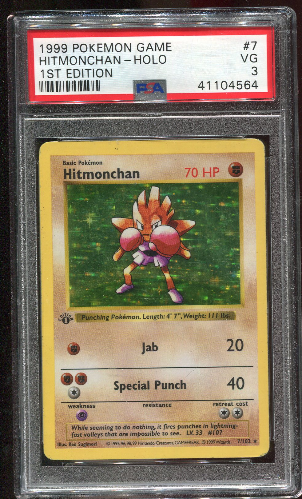 PSA 3 Hitmonchan 7/102 Base Set 1st Edition Shadowless