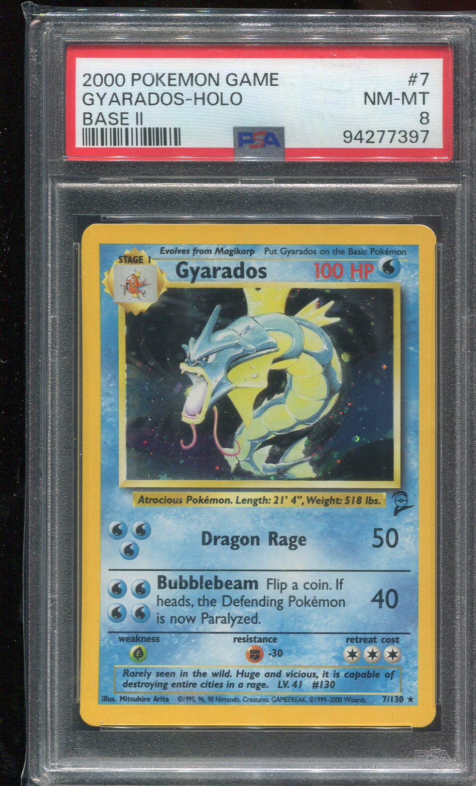 PSA 8 Gyarados 7/130 Base Set 2 Holo