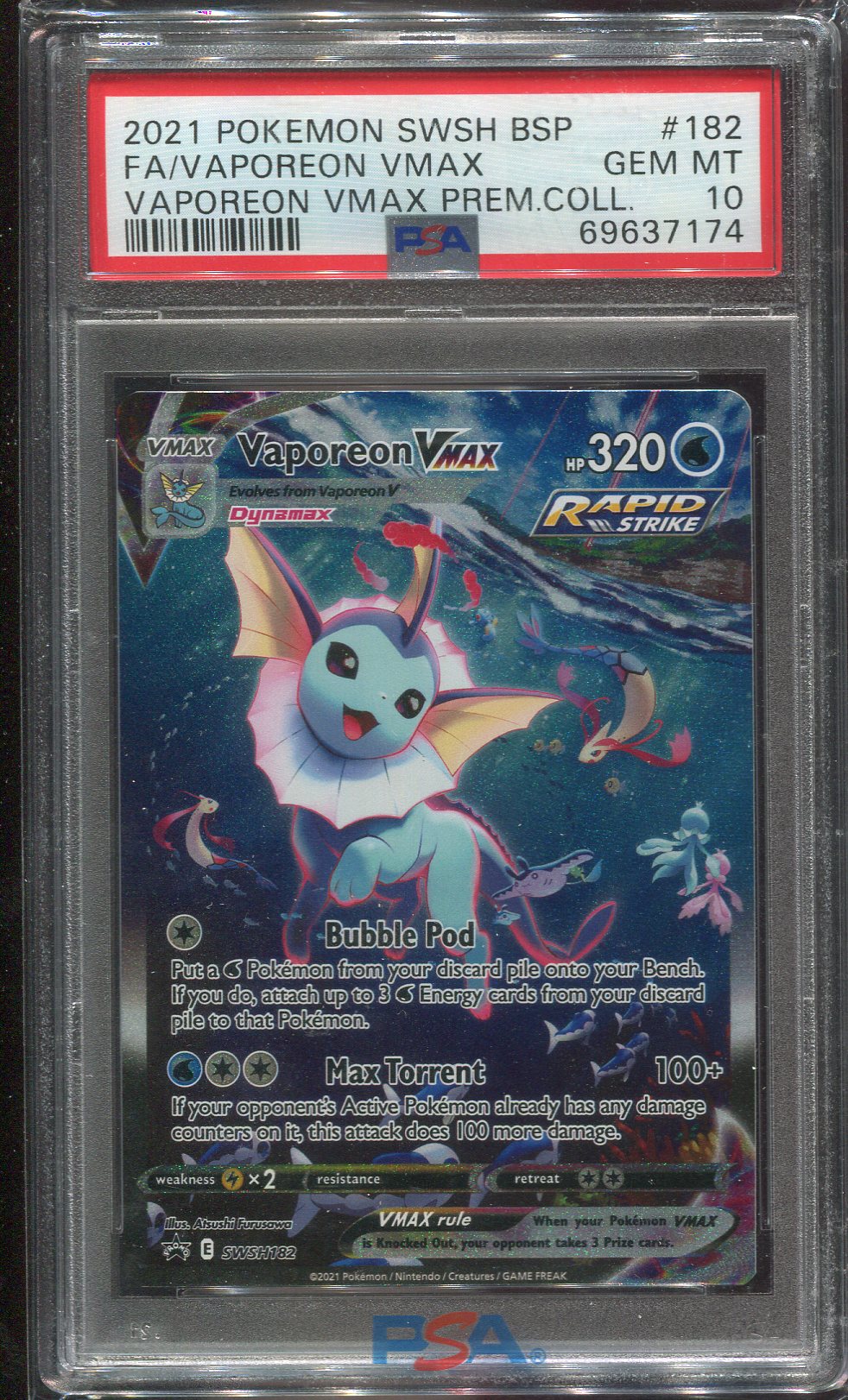 PSA 10 Vaporeon VMAX SWSH182 Vaporeon Vmax Premium Collection Full Art