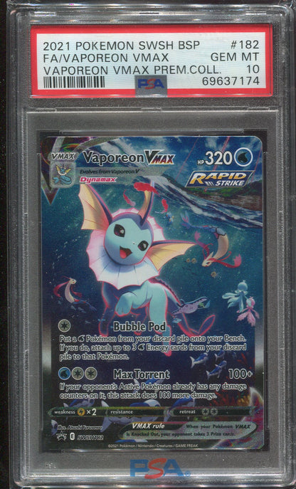 PSA 10 Vaporeon VMAX SWSH182 Vaporeon Vmax Premium Collection Full Art
