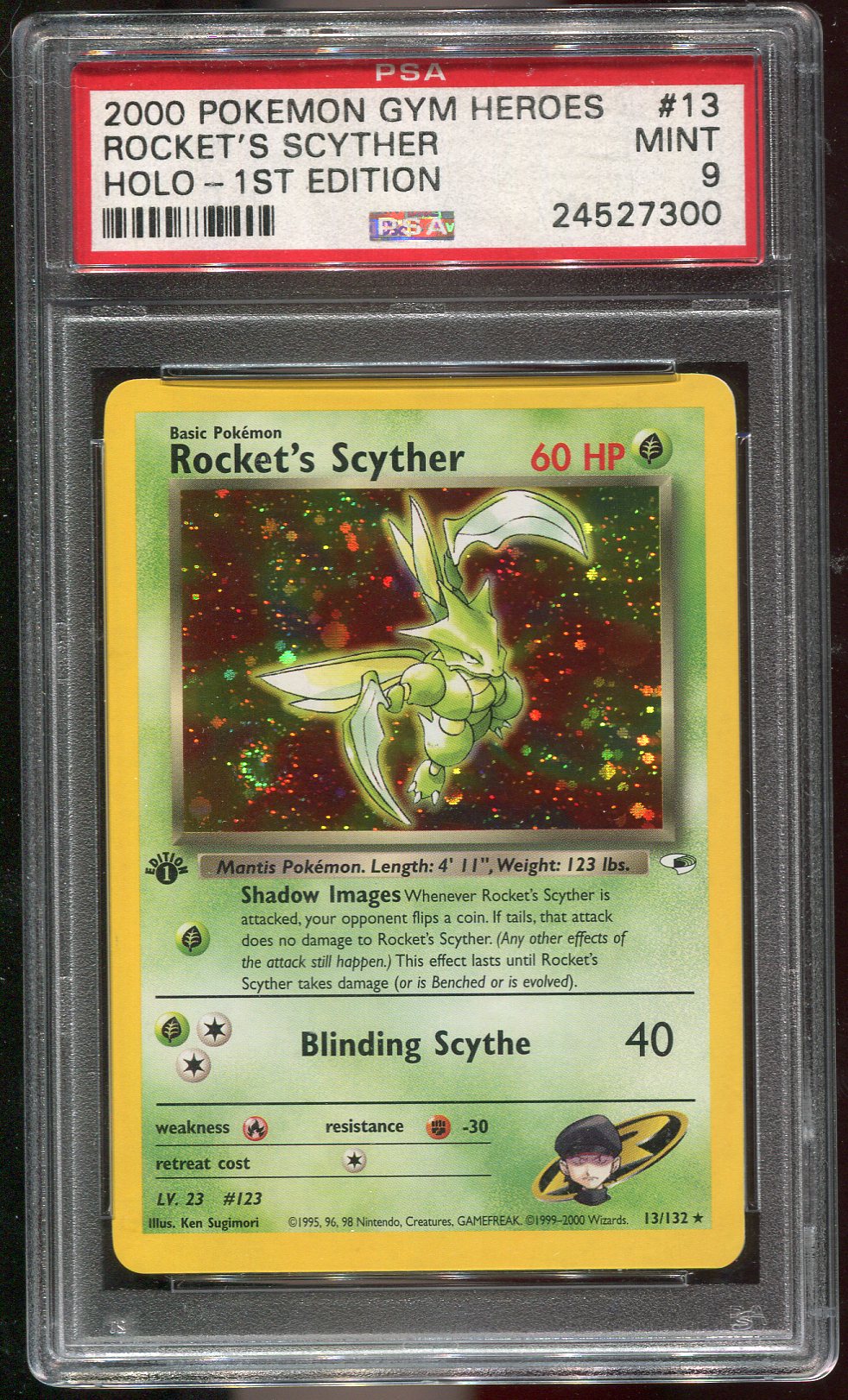 PSA 9 Rocket's Scyther 13/132 Gym Heroes 1st Edition Holo